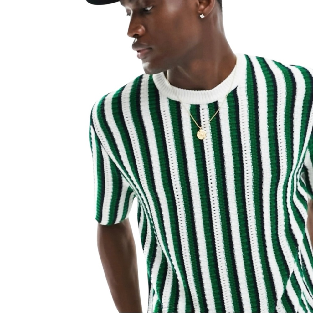 Asos Design Relaxed Knitted T-shirt in Green Textured Stripe Size Xl